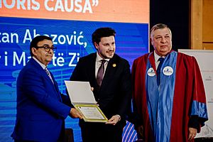 Dritan Abazović receiving honoris causa at Mediterranean University of Albania