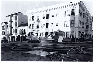 Earthquake damage in San Francisco's Marina District on the north side of the city from the Loma Prieta Earthquake