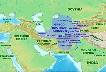 A map of the Greco-Bactrian kingdom and surrounding polities, displaying key cities, regions, and topography.