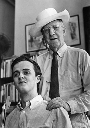 Tate (left) at the Grolier Poetry Book Shop in 1965 with the owner, Gordon Cairnie