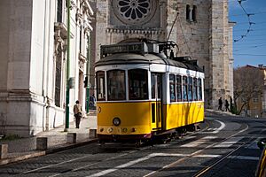 Lisbon tram next to Lisbon Cathedral