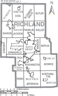Map of Richland County Ohio With Municipal and Township Labels