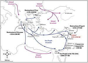 Map of the Sea People invasions in the Aegean Sea and Eastern Mediterranean at the end of the Late Bronze Age