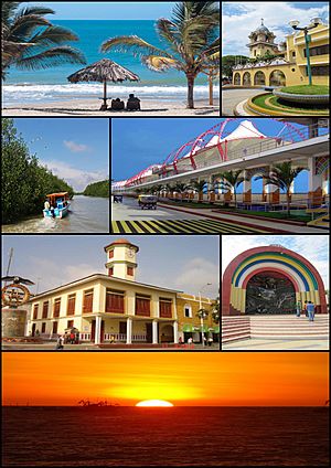 Top left: Punta Sal Beach (Playa Punta Sal), Top right: Tumbes Cathedral, 2nd left: Tumbes River and Tumbes National Reserve Mangrove Sanctuary, 2nd right: Malecon Benavides, 3rd left: A Condor monument and Tumbes Clock Tower in Jerusalem Walks (Paseo Jerusalem), 3rd right: Armas Square (Plaza del Armas), Bottom: Sunset in Pizarro Port