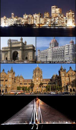 Top to bottom: Cuffe Parade skyline, the Gateway of India (L), Taj Mahal Palace Hotel (R), Chhatrapati Shivaji Maharaj Terminus and the Bandra–Worli Sea Link.