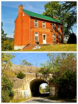 National Register of Historic Places at New Ellett, Virginia Top: George Earhart House Bottom: Virginian Railway Underpass