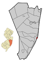 Map of Barnegat Light in Ocean County. Inset: Location of Ocean County highlighted in the State of New Jersey.