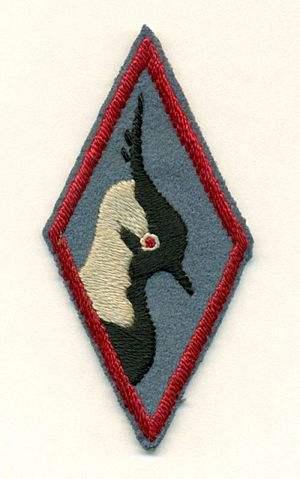 A diamond shaped patch on blue felt with heavy red trim.  The central image is a black and white profile of a peewit bird (Lapwing) highlighted with a red eye.