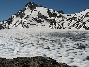 A photo of Mount Regan and Sawtooth Lake from the north