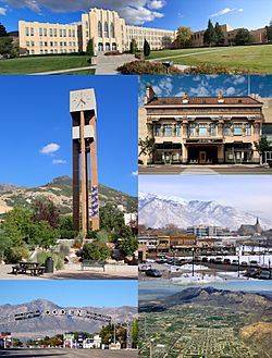 From top left to bottom right: Ogden High School, Weber State University Bell Tower, Peery's Egyptian Theater, Downtown, Gantry Sign, aerial view
