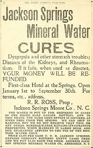 "Jackson Springs Mineral Water CURES" ad in 1902 - from, The North Carolina Year Book, 1902 (serial) (IA northcarolinayea1902) (page 24 crop)