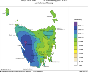 Annual average rainfall for Tasmania (1991-2020)