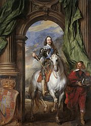 Charles I riding a white horse through an archway. A man in red carries his helmet.