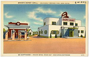 Brown Derby Grill -- deliciously prepared food, good coffee, 30 cottages -- private baths, steam heat, inner-spring mattresses (64306)