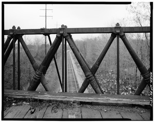 Credit JTL- Detail view, three panels of eastern truss from bridge deck - Reading-Halls Station Bridge, U.S. Route 220, spanning railroad near Halls Station, Muncy, Lycoming HAER PA,41-MUNC.V,1-11