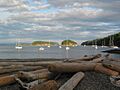 Sail boats anchored off a beach covered with driftwood