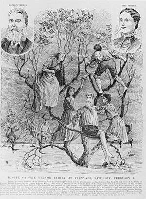 Engraving of the Vernor family rescued during the February flood near Fernvale 1893