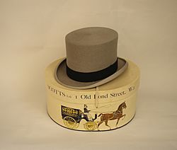 Grey top hat by Scotts Ltd of Old Bond Street, London, with hatbox, 1950