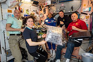ISS-60 crew with guest inside the Unity module for a meal