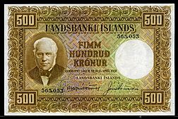 500-krónur bill (1928) of the first Icelandic krona, featuring the image of Jon Sigurdsson