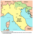 four color map of northern Italy with Italian Socialist Republic in tan, 1943