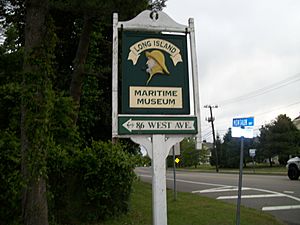 Sign for the Long Island Maritime Museum, West Sayville's primary attraction