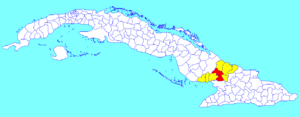 Las Tunas municipality (red) within  Las Tunas Province (yellow) and Cuba