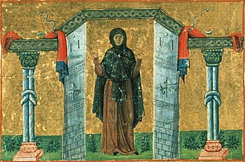Melania the Younger, nun of Rome (Menologion of Basil II).jpg