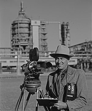 Robert Yarnall Richie with Mitchell Camera, Houston, Texas, at Shell Refinery (8466221312)