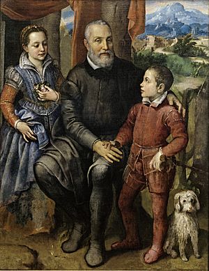 Sofonisba Anguissola, Portrætgruppe med kunstnerens fader Amilcare Anguissola og hendes søskende Minerva og Astrubale, ca. 1559, 0001NMK, Nivaagaards Malerisamling