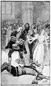 06 The bridegroom lay stone dead; the bride had fainted-Illustration by H. M. Paget (1856-1936) for The Black Arrow by RL Stevenson - courtesy of British Library