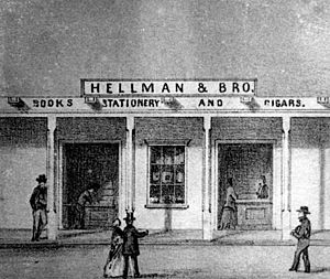 1857 sketch of Isaias W. Hellman's first store in Los Angeles