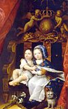 A young King Louis XIV of France (wearing Fleur-de-lis) sitting on a throne with his brother Philippe, Duke of Orléans.jpg