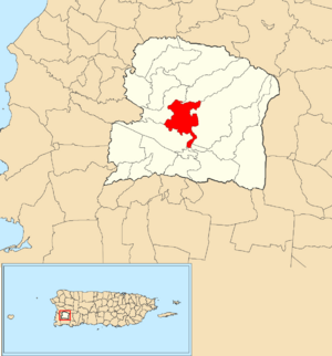 Location of Caín Bajo within the municipality of San Germán shown in red