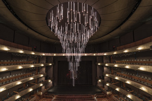 Chandelier and stage inside the auditorium of the Margot & Bill Winspear Opera House, part of the AT&T Performing Arts Center complex in the Arts District of Dallas, Texas LCCN2015630583