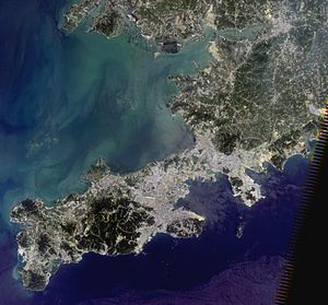 Dalian, China, satellite image, LandSat-5, 2010-08-03