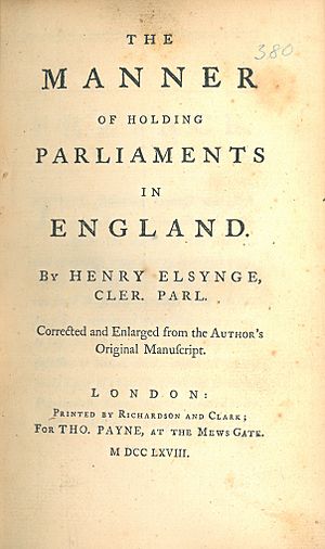 Henry Elsynge, The Manner of Holding Parliaments in England (1768, title page)