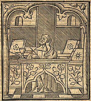 Joachim von Fiore in seinem Studierzimmer, Holzschnitt 1516