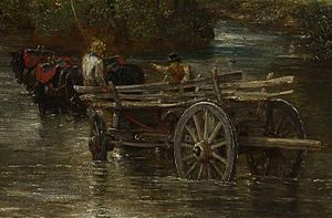 An oil painting of a large steerable cart being drawn by two strong horses through a river