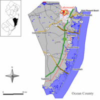 Map of Lakewood CDP in Ocean County. Inset: Location of Ocean County in New Jersey.