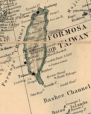 Map of Taiwan (Formosa) in 1880, from- Stanford's map of the empires of China and Japan with the adjacent parts of the Russian Empire, India, Burma etc. LOC 2006458442 (cropped)