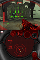 Two screens appear, one above the other. Above, a weapon is pointed outwards, facing an opponent. Below, a radar is shown.