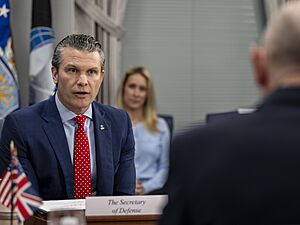 Pete Hegseth, United States Secretary of Defense, his wife Jennifer Hegseth and United Kingdom Secretary of State for Defense John Healey participate in a bilateral exchange at the Pentagon, USA on March 6, 2025 (cropped)