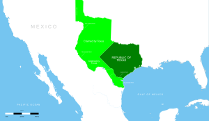 Map of the Republic of Texas. The disputed area is in light green, while the Republic is in dark green.