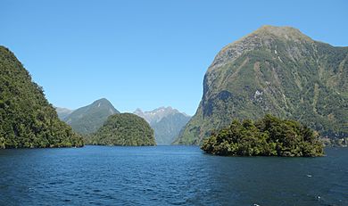 Rolla Island in front of Commander Peak and entrance to Hall Arm of Doubtful Sound