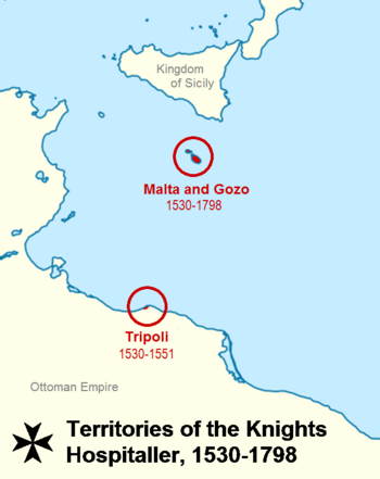 Map of Malta and Gozo in relation to Sicily and Hospitaller Tripoli