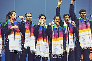 XIX Commonwealth Games-2010 Delhi Indian Badminton Team won the Silver Medal (Mixed Team), during the medal presentation ceremony, at Siri Fort Complex, in New Delhi on October 08, 2010