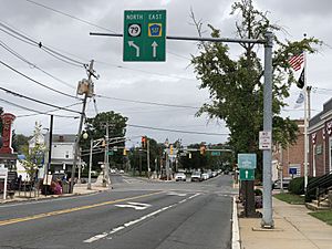 2020-09-13 13 24 44 View north along New Jersey State Route 79 and east along Monmouth County Route 537 (Main Street) at the exit for Monmouth County Route 537 EAST in Freehold, Monmouth County, New Jersey
