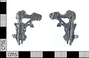A fragment of a medieval lead alloy pilrgim badge from the Rood of Grace at Boxley Abbey dating to the 15th century. (FindID 587463)
