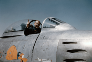 Buzz Aldrin in the cockpit of an F-86 Sabre